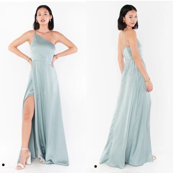 Show Me Your Mumu Shannon One Shoulder Dress Maxi Silver Sage Luxe Satin NWT L - Picture 1 of 8